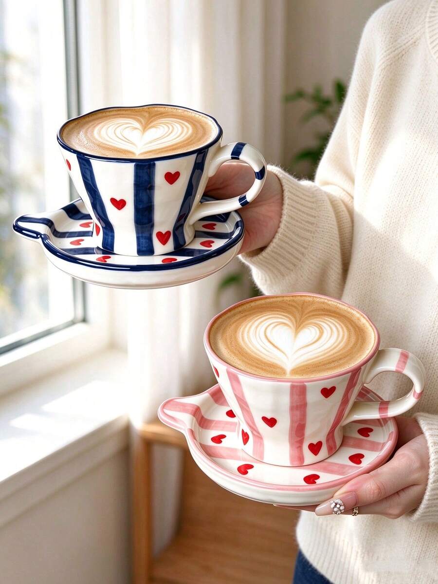 1set Heart Striped Ceramic Coffee Mug With Saucer Set, Hand Painted Red Heart & Stripe Latte Cup, Aesthetic Breakfast Tea Cup, Cute Home Kitchen Drinkware Gift