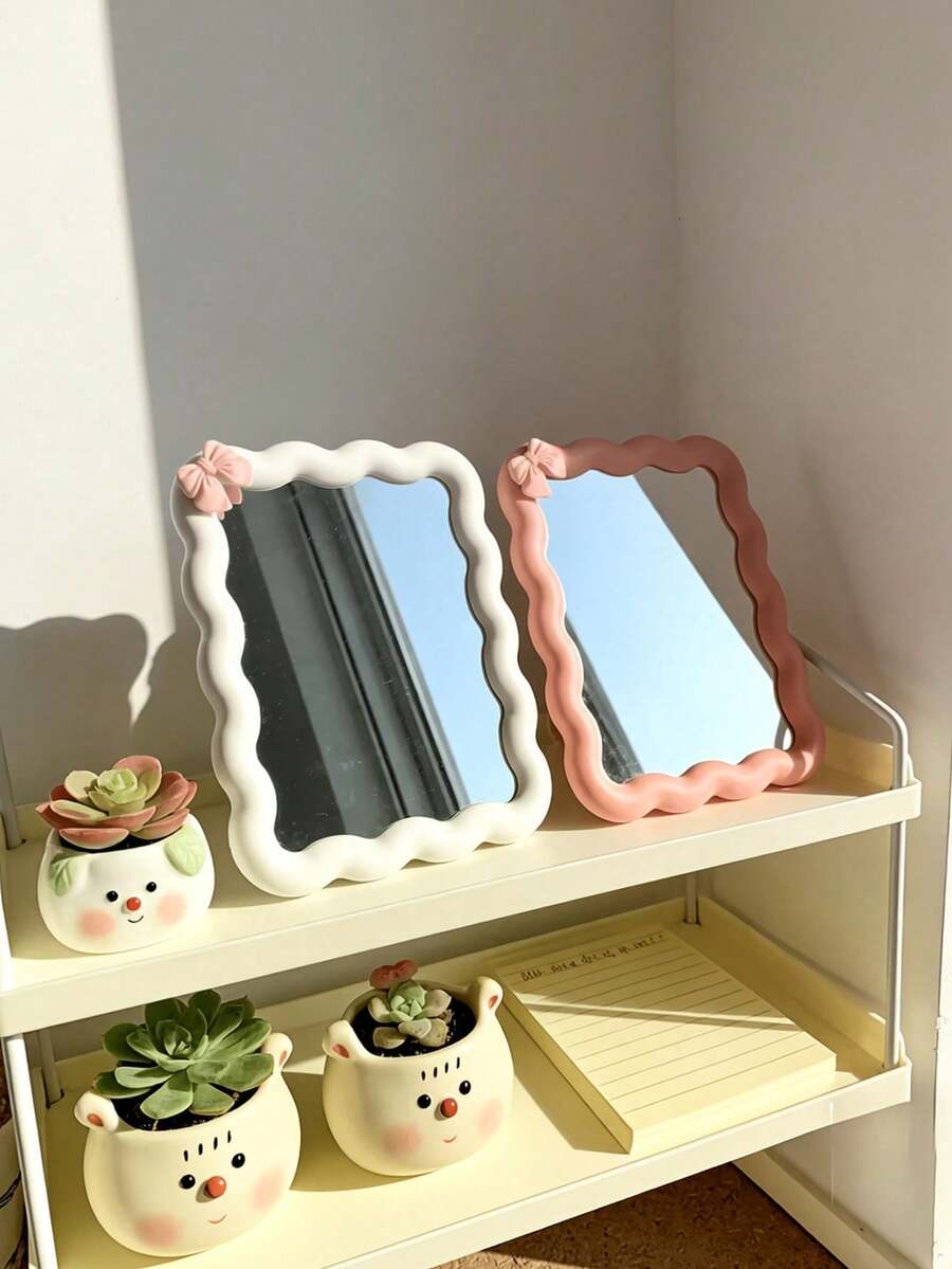 Wavy Style Makeup Mirror High-Definition Vanity Mirror With Bow Decor Desktop Standing And Wall-Mountable For Room Decoration Back-To-School Dorm Supplies - Multicolor - View 1
