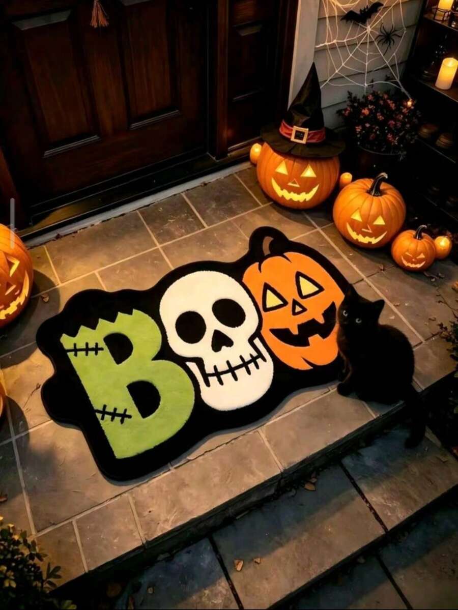 1pc Halloween Entryway Doormat, Boo Skeleton Pumpkin Letter Diatomaceous Earth Foot Mat, Non-Slip Absorbent Welcome Mat, Suitable For Front Door, Kitchen, Patio, Halloween Theme Scene Decoration, Atmospheric Holiday Floor Decor - Multicolor - View 1