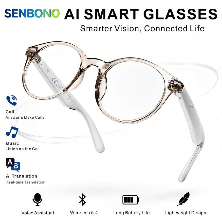 SENBONO Smart Glasses With Hall Sensor Automatic Switch, Artificial Intelligence Translation, Wireless Communication/Music Playback/Voice Assistant/Business Office/Daily Learning/Meetings/Lightweight Circular Frame, Christmas Gift, Ultra Light Design - View 1