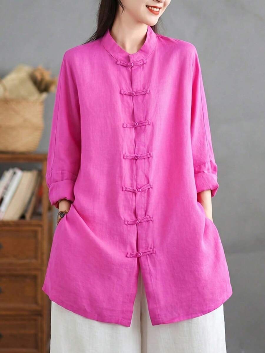Kemeja Linen Wanita Gaya Cina dengan Kancing Katak, Kerah Mandarin, Lengan Panjang, Longgar, Panjang Sedang, Atasan Tunik dengan Kantong - Hot Pink - View 1