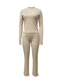 Early Autumn Semi-High Neck Heart Embroidery Ribbed Knit Fitted Crop Top & Flared Long Pants 2 Pieces Set - Apricot - View 7