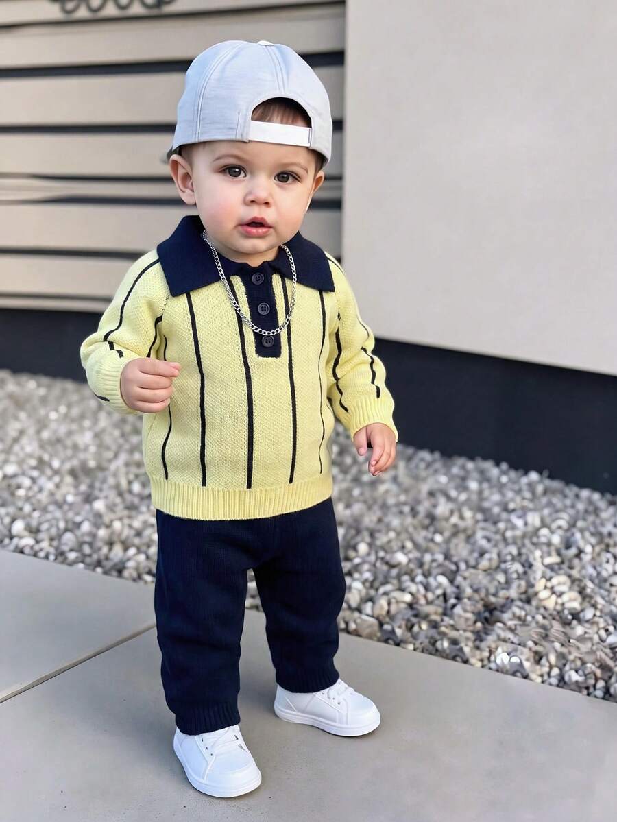 Boys' Autumn/Winter Thick Striped Knit Cardigan 2 Pieces Set, Thick Striped Long Sleeve Button Knit Cardigan + Solid Color Knit Long Pants - Yellow - View 1