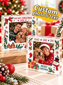 Custom Square Acrylic Christmas Photo Block,Personalized Family & Pet Picture And Text With Red Bow,Snowman & Candy Cane Design,Festive Tabletop & Room Decorations,Customized Holiday Keepsake Display,Customizable Christmas Gift 2026,Merry Christmas - Style C - View 1