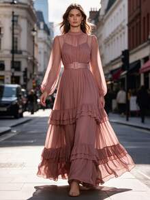 Elegant Women's New Solid Color Long Sleeve Multi-Layer Patchwork Design All-Season Full Skirt Dress - Dusty Pink - View 7
