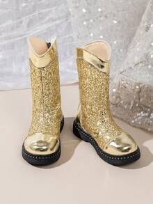 1 Pair Girls' Glitter Western Mid-Calf Boots, Stage Performance, Fashion Show, Christmas, Party, Princess Boots! - Gold - View 4