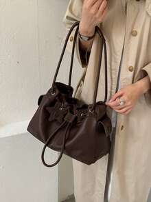 Women Vintage Soft PU Leather Drawstring Bucket Bag Star Charm Pendant Shoulder Bag Large Capacity Hobo Handbag Suitable For Daily Used Office - Coffee - View 8