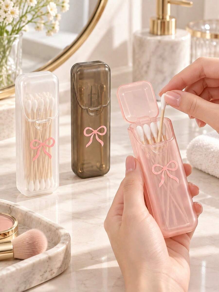 Cute Bow Pattern Portable Toothpick & Swab Storage Box-With A Dust Cover,Easy Access,Prevents Dust Contamination,Can Be Used To Store Toothpicks,Swabs,Floss Picks And Other,Home Storage,Travel Accessory,Gift For Birthday,Christmas,New Year,Valentine. - Multicolor - View 1