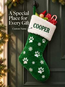 1pc Personalized Pet Christmas Stocking With Custom Name, Red Green Paw Print Snowflake Hanging Gift Bag, Fireplace Mantel Xmas Holiday Decor - Multicolor - View 9