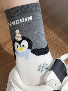 1/4/8 Pairs Random Cute Cartoon Animal Penguin Pattern Comfortable Breathable Mid-Calf Socks For Women - Multicolor - View 7