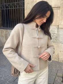 Women's Autumn Solid Color Stand Collar Long Sleeve Button Wool Jacket - Apricot - View 3