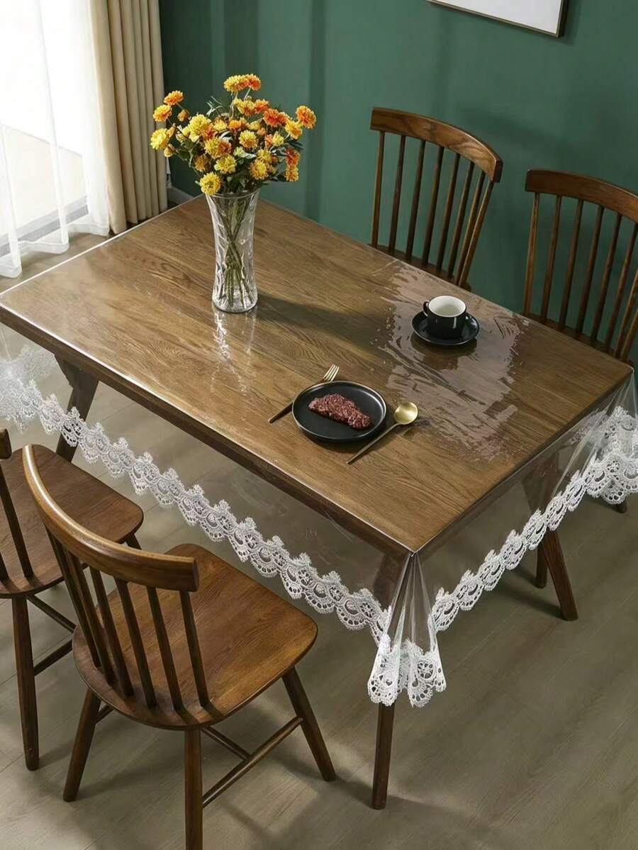1pc Transparent PVC Embroidered Lace Edge Tablecloth, Modern Style PVC Rectangular Waterproof Oil-Proof Dust-Proof Tablecloth, Suitable For Dining Table Coffee Table Tea Table Daily Home Decor And Party Wedding Holiday - White - View 1