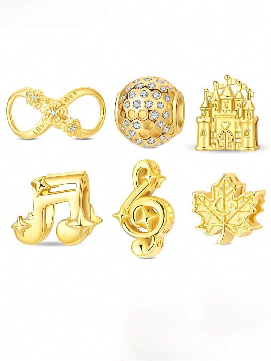 1pc Beaded Jewelry, Original Bracelet Necklace DIY Pendant Chain Accessories, Featuring Castle, Musical Note, Maple Leaf, Infinity Symbol Shapes, Inlaid With Sparkling Zirconia, Exquisite 3D Carving, Versatile Handmade Accessories, Suitable For DIY Jewelry And Gifts - Gold - View 1