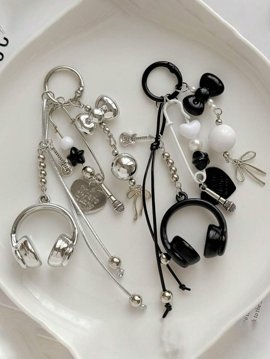 1pc -Style Star Bag Charm Matte Silver Cat Beaded Phone Chain INS Style Keychain Pendant - Multicolor - View 1