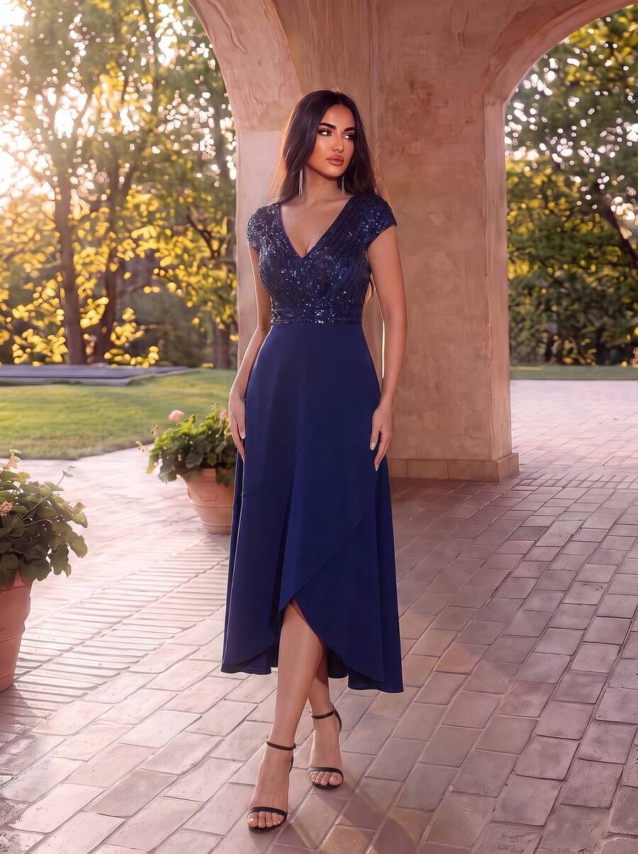 EVERPRETTY Elegant Navy Blue V-Neck Sequin Bodycon Mini-To-Midi Formal Dress, Suitable For Evening Gala Or Wedding Guest Spring Party - Navy Blue - View 1