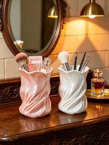 3D Printed Pleated Fabric Makeup Brush Holder, Realistic Fabric Texture With Pearlescent Glazed Finish, Wavy Rim Design. Can Store Makeup Brushes, Lip Gloss And Sample Perfume Bottles, Place On Vanity, Gently Enhance The Delicate Atmosphere Of The Makeup Area. - Multicolor - View 10