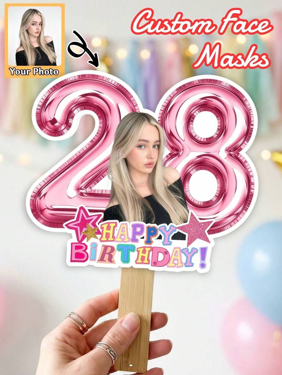 Customized Photo Face Birthday Handheld Prop, Personalized Age Number Happy Birthday Photo Booth Sign, Fun Custom Face Mask Birthday Party Decoration, Suitable For Bachelor Party, Birthday, Costume Party And Anniversary