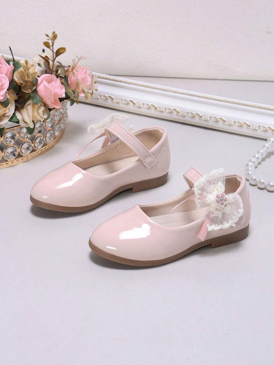 Girls' Pink Mary Jane Shoes, Lace Shiny Patent Leather Princess Shoes With Soft Sole And Hook And Loop Closure, Versatile Performance Shoes - Pink - View 1
