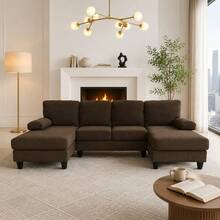 Nubby Upholstery  U-Shaped Sofa, Comfortable Dual Chaise Design With  Upholstered Armrests - Coffee + Wood+Fabric + 4 Seat + Foam - View 2
