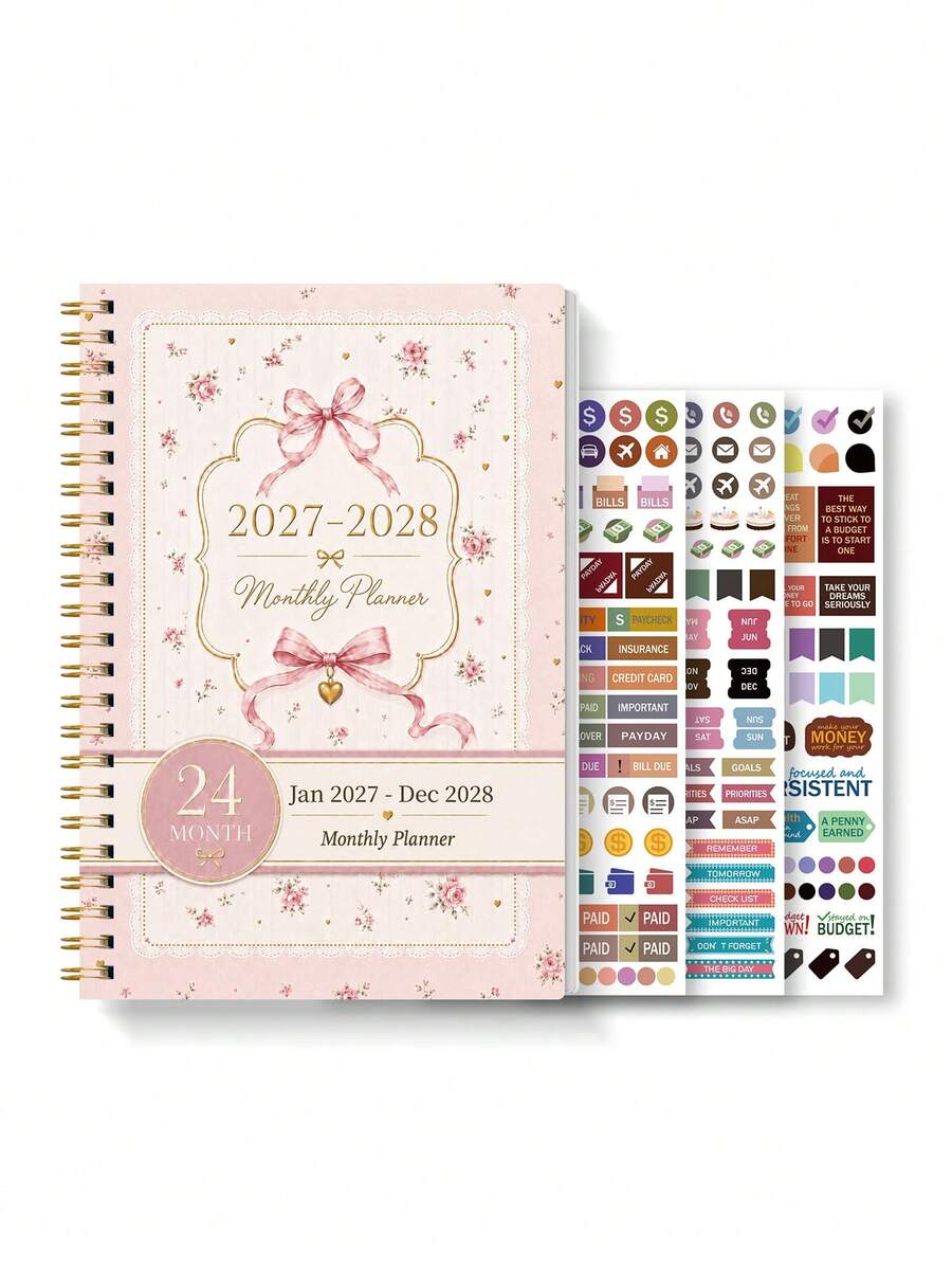 BUBU 1pc 2027-2028 Monthly Calendar Planner, 2 Year Spiral Desk Calendar Book Schedule Organizer With Notes & 3 Sticker Sheets, Large Writing Space, Monthly Agenda Notebook For Office Desk AccessoriesSchool Supplies Office Supplies 2027 Calendars - Pink - View 1