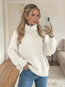 New Women's Casual Fashionable Minimalist Solid Color Knitted Turtleneck Sweater, Autumn/Winter White Fall - White - View 11