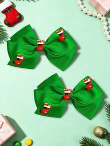 2Pcs Girls Christmas Green Grosgrain Ribbon Bow Hair Clips, Cartoon Reindeer, Christmas Decor Bow Hair Clips, Kids Xmas Party Hair Accessories - Green - View 12