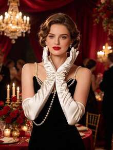 1 Pair Champagne Long Bridal Gloves, Evening Dress Accessory, Satin Elbow Length, Suitable For Wedding, Evening Party - Multicolor - View 3