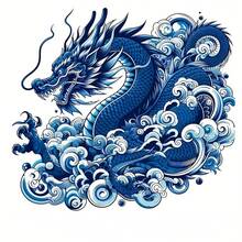 1/2/3pcs Blue Floral Wave Dragon Heat Transfer Vinyl Iron-On Sticker, Durable Washable Iron-On Patch, DIY Sticker For T-Shirts, Canvas Bags, Pillows, Jeans, Hoodies - Multicolor - View 1