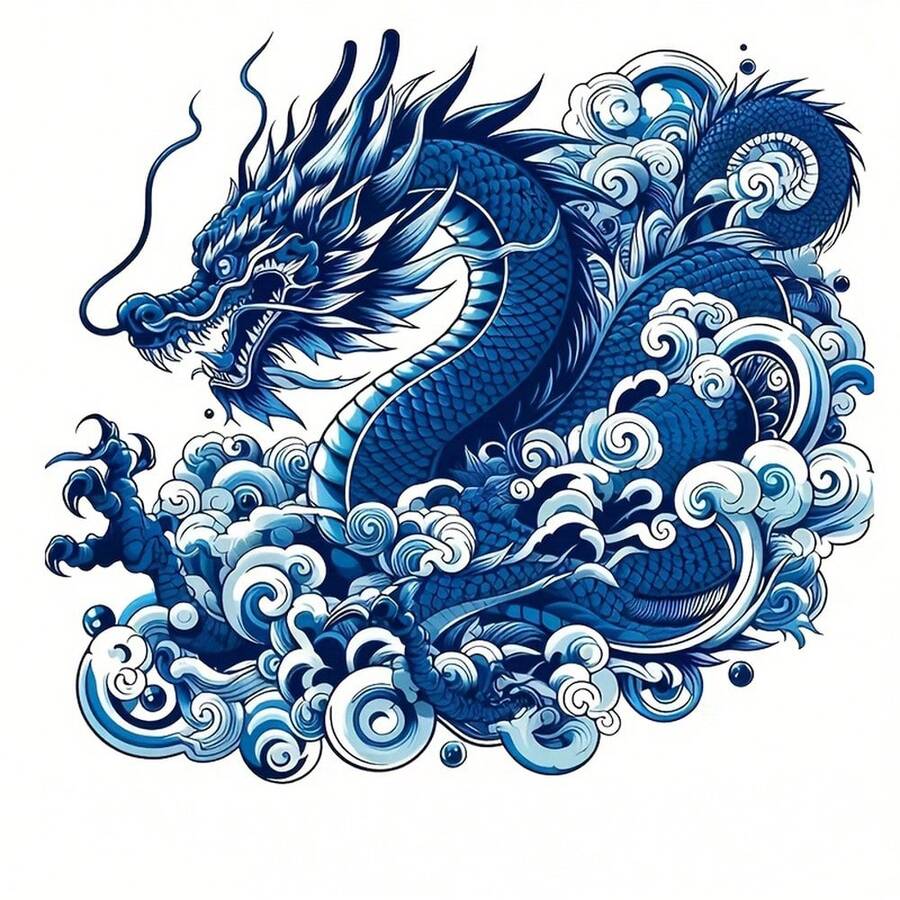 1/2/3pcs Blue Floral Wave Dragon Heat Transfer Vinyl Iron-On Sticker, Durable Washable Iron-On Patch, DIY Sticker For T-Shirts, Canvas Bags, Pillows, Jeans, Hoodies - Multicolor - View 1