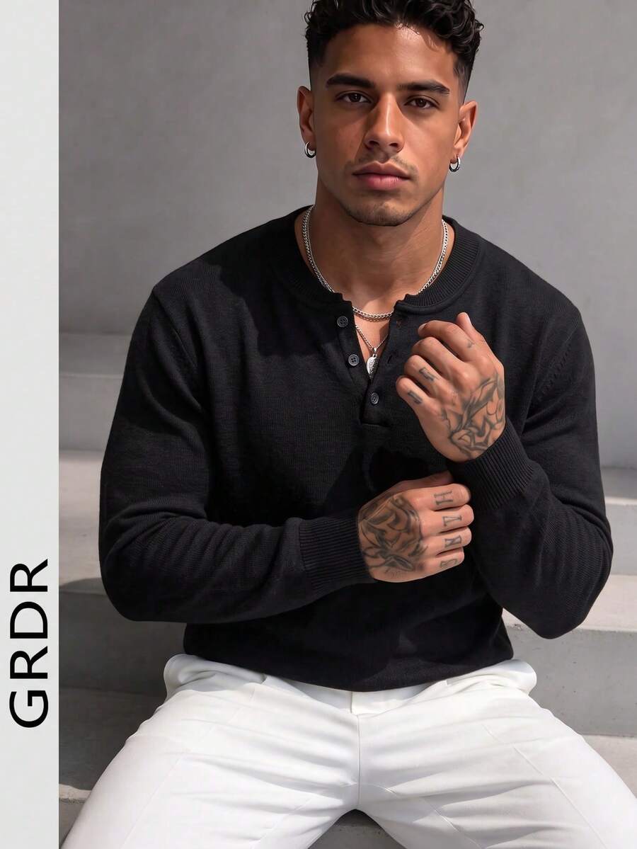 Men's Autumn/Winter Henley Collar Long Sleeve Minimalist Sweater - Black - View 1