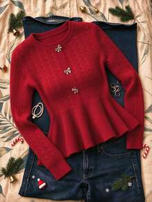 Women's Vintage Sweet Style Round Neck Fitted Ruffle Knit Sweater Top, Suitable For Daily Commute, Campus And Street Wear - Red - View 3