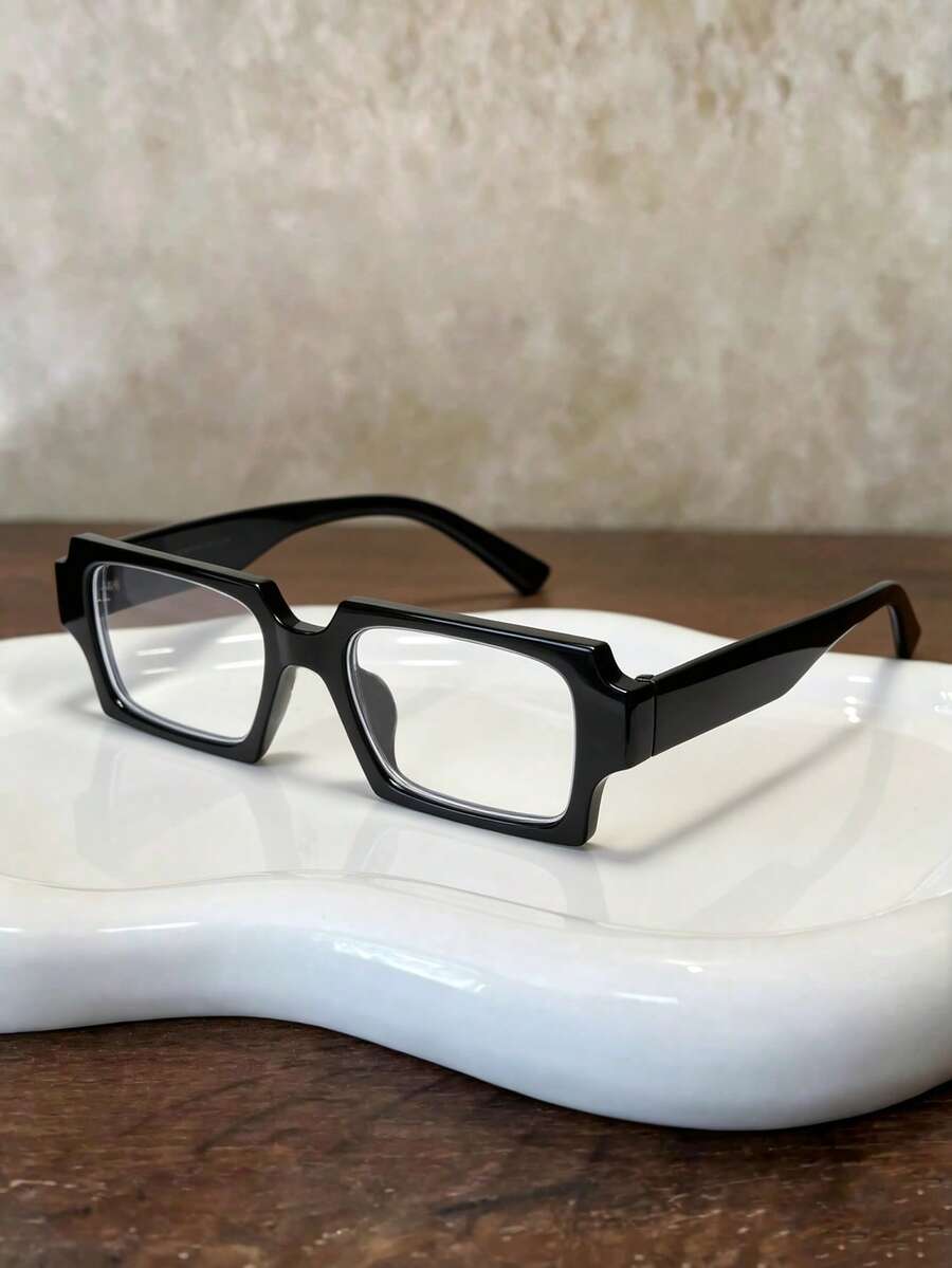Black Frame Men's Non-Prescription Glasses, Thick Rectangular Frame, Plastic Eyeglass Frame, Minimalist Solid Color Design Fashion Glasses. Suitable For All Seasons, New Autumn/Winter Outfit Accessory, Perfect For Home Office, City Travel, Street Style, Easily Elevate Your Outfit With Decorative Frames - Black - View 1