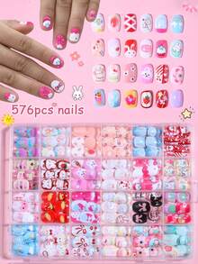 576pcs (24 Styles) Kids Press-On Acrylic Full Coverage Cute Cartoon Glossy Short Oval Fake Nails Set, Nail Decoration For Little Girls - Multicolor - View 1