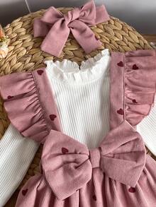 2pcs Baby Girl Cute Small Stand Collar Long Sleeve Ribbed Top & Heart Print Corduroy Dress Set, Thin Spring/Autumn - White - View 4
