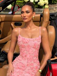 UNITHORSE [Random Cut]Women's Elegant Spaghetti Strap Floral Mesh Waist-Cinching Evening Dress - Pink - View 4