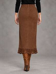 Women's Brown High Waist Lace Patchwork Midi Skirt, Asymmetrical Wavy Hem, Elastic Back Waist, Vintage Commute & Date Style For Autumn - Brown - View 4