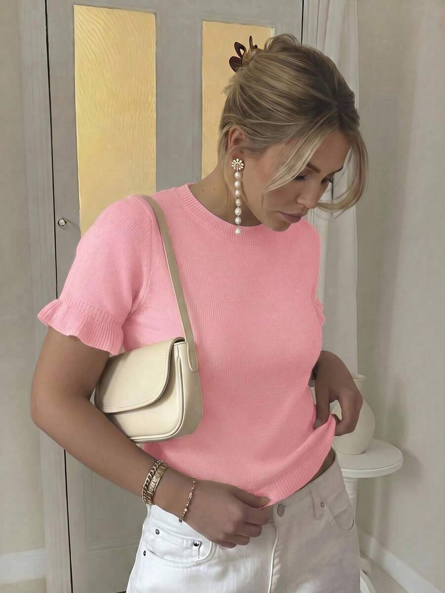 Women's Spring And Autumn Fashion Solid Color Round Slightly Sheer Material Bunched Short Sleeve Casual Simple Loose Wool Woven T-Shirt Top - Watermelon Pink - View 1