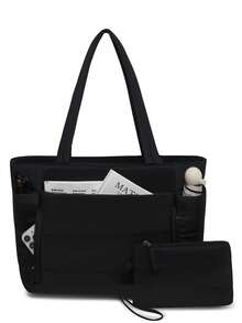 Women Large Capacity Nylon Tote Bag With Pouch Multi Pocket Shoulder Handbag Waterproof Work School Laptop Bag Suitable For Daily Used Shopping Travel - Black - View 2