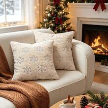 1pc Christmas Throw Pillow Cover, Snowflake Embroidery 18x18 Pillowcases Home Xmas Gold Decorative Cushion Cover Soft For Sofa Bed Chair - Beige - View 6