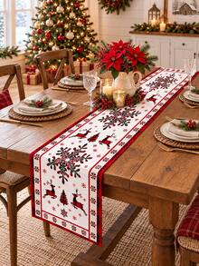1pc-Christmas Table Runner, Red Plaid Reindeer Snowflake Mini Christmas Tree Pattern Table Runner, Rustic Farmhouse Xmas Holiday Table Decor - Multicolor - View 6