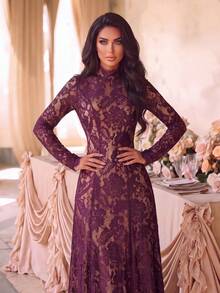 Elegant Women's Lace Long Sleeve Dress, Ruffle Collar With Stand Collar And Zipper, Charming Flared Skirt, Suitable For Special Occasions - Dark Purple - View 8