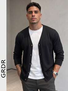GRDR Men's Solid Color V-Neck Knitted Cardigan, Autumn/Winter Minimalist Single-Breasted Long Sleeve Slim Fit Casual Black Outerwear Sweater Jacket - Black - View 4