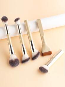 5pcs Makeup Brush Set With Dual-Ended Round Blush & Powder Brush, Dual-Ended Contour & Sculpting Brush, Wavy Foundation Brush, Angled Contour Brush, Dual-Color Soft Bristles Multi-Use, Full Face Makeup Tools For Beginners Daily Light Makeup And Date Looks - Multicolor - View 8