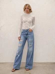 女款淺色水洗牛仔褲 破洞磨損 寬腿高腰彈性 復古Y2K波希米亞風 秋冬街頭穿搭 外出祭典 舒適柔軟氛圍 - 藍色 - 查看 1