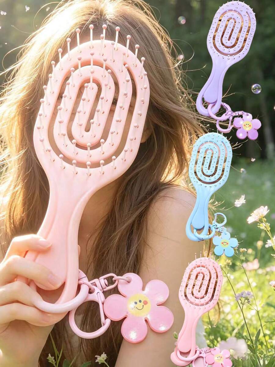 1/3pcs Mini Portable Small CombRib Comb Elastic Comb With Flower Pendant, Easy To Store For Travel, Hair Straightening Comb Suitable For Gifts To Family And Friends - Multicolor - View 1