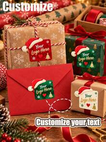 Customized Christmas Logo Stickers With Santa Hat, Personalized Square Logo Labels, Suitable For Gift Boxes, Gift Bags, Envelope Seals And Holiday Packaging - Multicolor - View 1