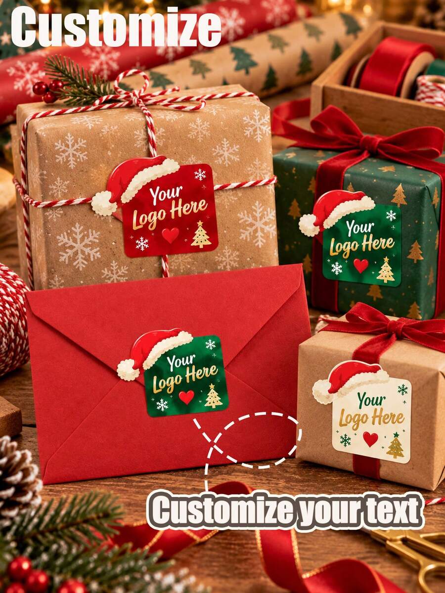 Customized Christmas Logo Stickers With Santa Hat, Personalized Square Logo Labels, Suitable For Gift Boxes, Gift Bags, Envelope Seals And Holiday Packaging - Multicolor - View 1