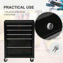5-Drawer Chest, Lockable Steel Storage Cabinet With Wheels And Handle Box Garage, Workshop, Black - Black + Steel - View 5