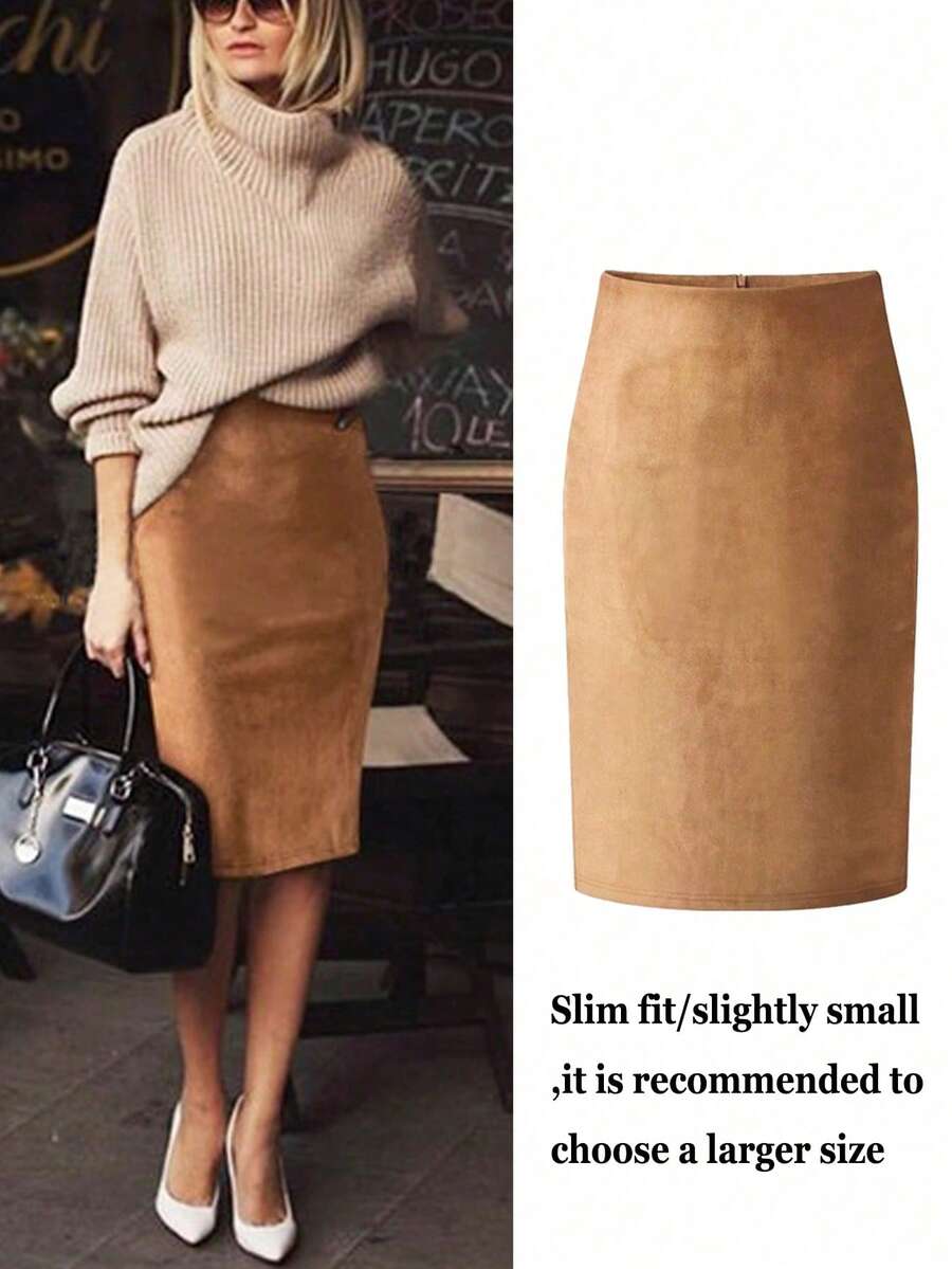 Women's Elegant Commute Velvet Zipper Versatile Skirt, Back Slit, Non-Stretch, Runs Small - Khaki - View 1