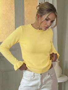 Women's Fashion Cream Yellow Round Neck Ruffle Long Sleeve Casual Minimalist Comfortable Sweater, Suitable For Daily Wear, Autumn - Yellow - View 5